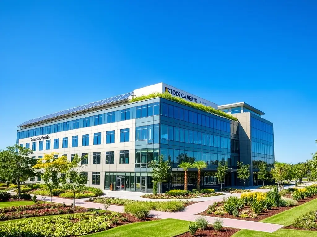 A modern office building with a focus on sustainable design, representing strategic investments in physical assets.