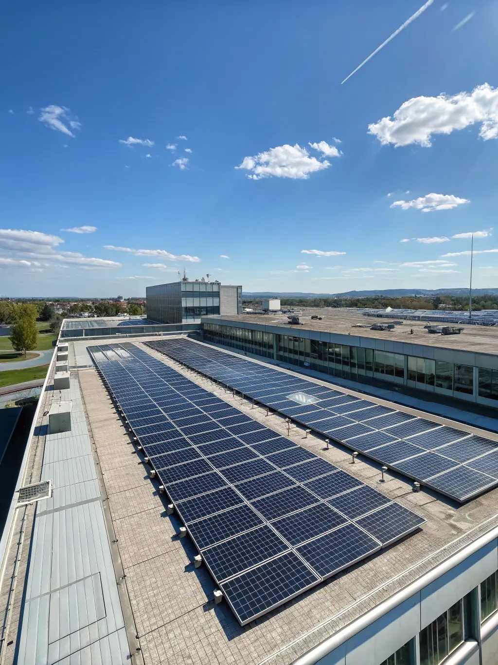 A modern office building with solar panels, representing strategic investments in sustainable infrastructure.