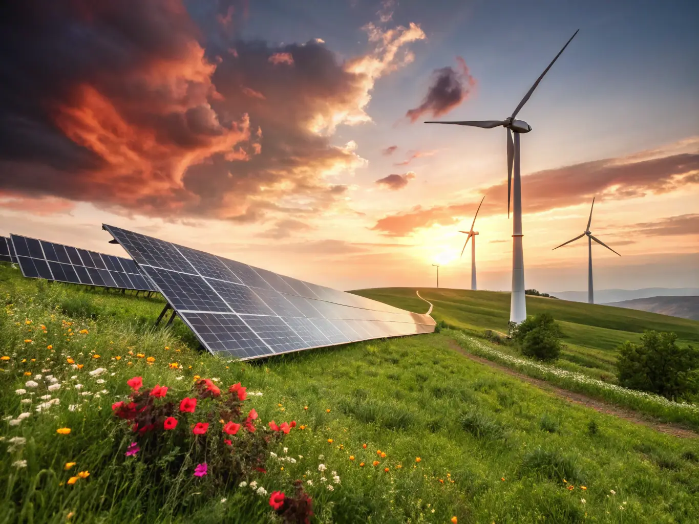 A wind turbine farm at sunset, symbolizing the transition to a low-carbon economy and sustainable energy investments.