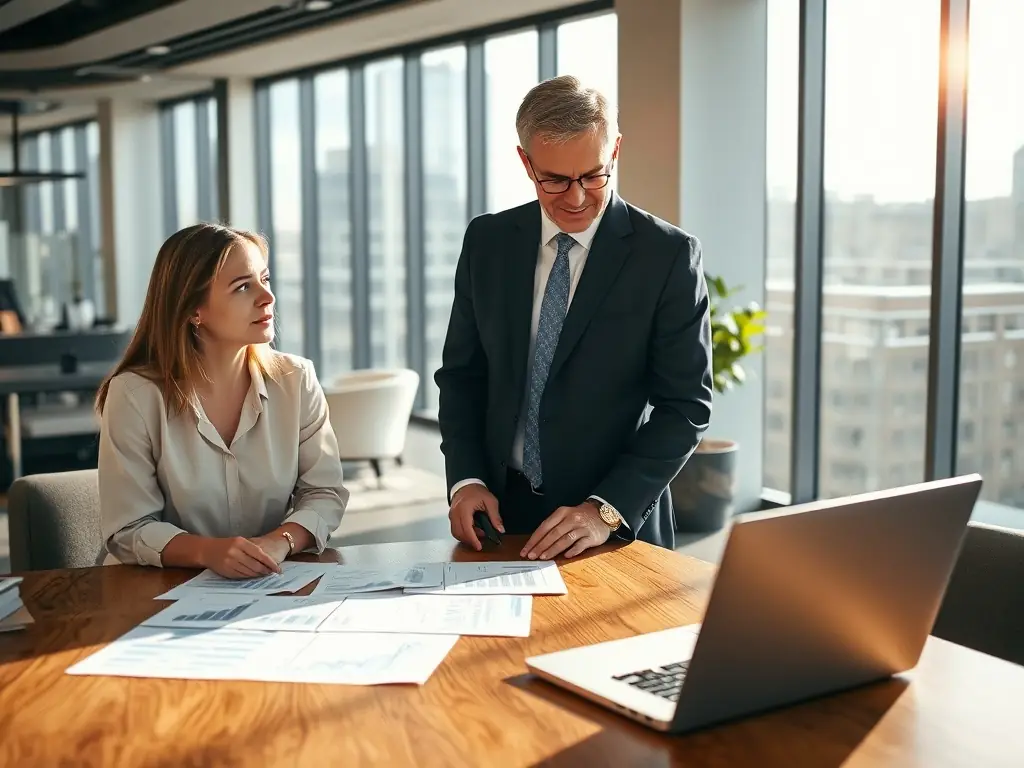 A financial advisor meeting with a client, reviewing financial documents and discussing investment strategies.