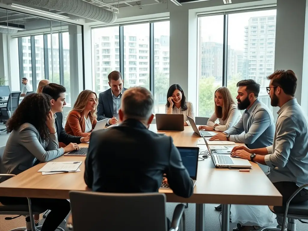 An image depicting a modern office space with professionals collaborating on a project, symbolizing strategic investment in human capital and innovation.