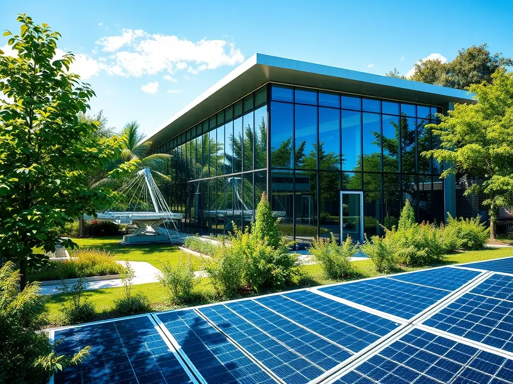 A modern office building with solar panels, representing investment in sustainable infrastructure and physical assets.